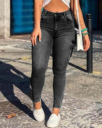 Women's Denim Pants 2025 Summer New Fashion Solid Color Buttoned Pocket Zipper Design High Waist Casual Daily Skinny Jeans