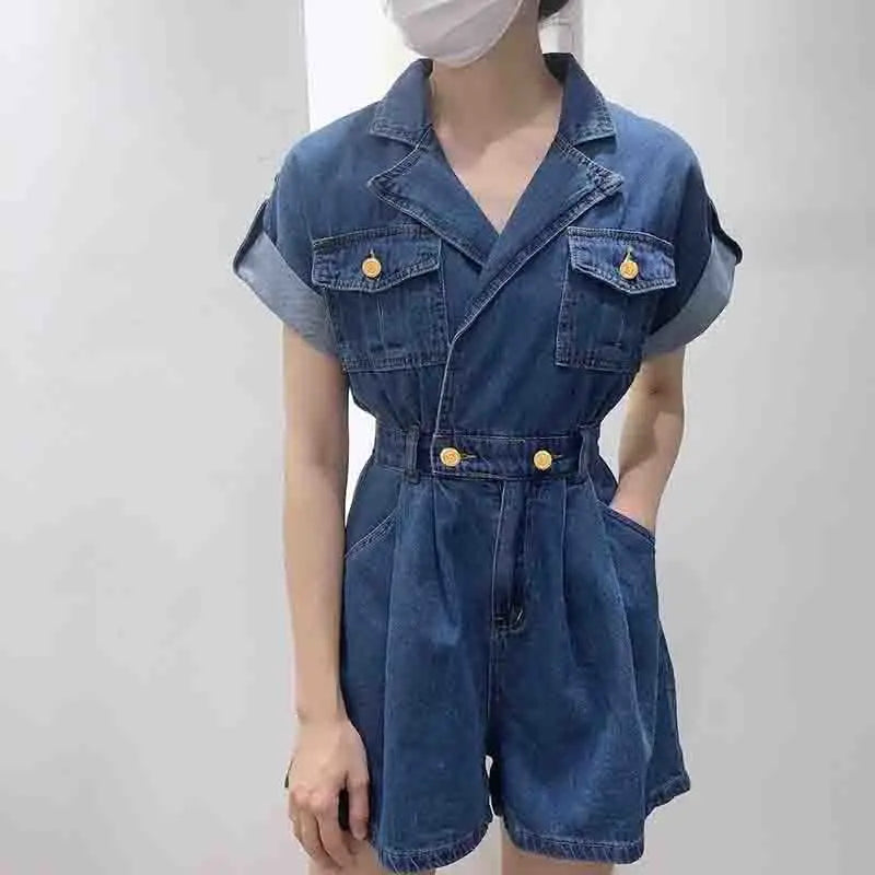 Koamissa Fashion New Women Denim Jumpsuits Ladies Short Sleeves Summer Jeans Rompers Waist Slim Causal Loose A Line Playsuits