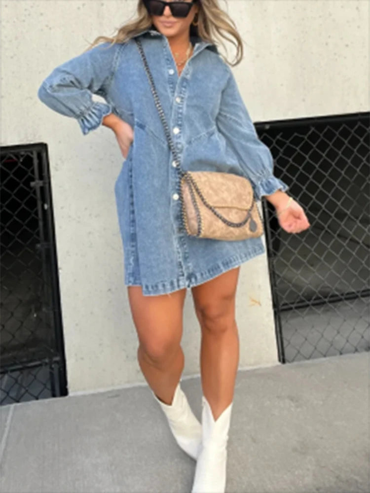 Women Solid Short Sexy Jean Dress Female Autumn Winter Short Sleeve Elegant Casual Backless Pullover Denim Dress 2023