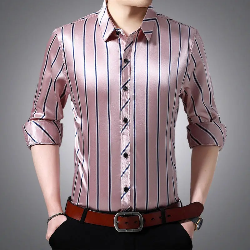 Streetwear Fashion Men Silk Smooth Shirt Spring Autumn New Male Clothes Business Casual Vintage Long Sleeve Basic Casual Tops