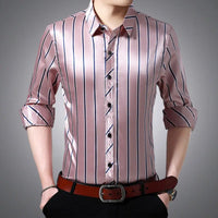 Streetwear Fashion Men Silk Smooth Shirt Spring Autumn New Male Clothes Business Casual Vintage Long Sleeve Basic Casual Tops