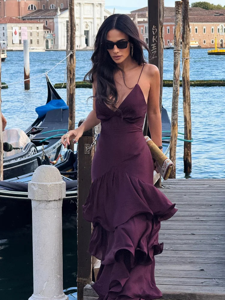Elegant Solid Ruffled Sling Dress for Women Fashion Sleeveless Backless Party Maxi Dresses 2025 New Female Vacation Robes Street