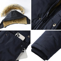 New Casual Men Winter Parka Fleece Lined Thick Warm Hooded Fur Collar Coat Male Size 5XL Plush Jacket  Work Outwearing Black