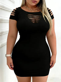 Plus Size Women Dress Short Sleeve Cutout Slit Ribbed Bodycon Mini Dress Edgy Sexy Spring Summer Party Chic Daily Stretchy Dress