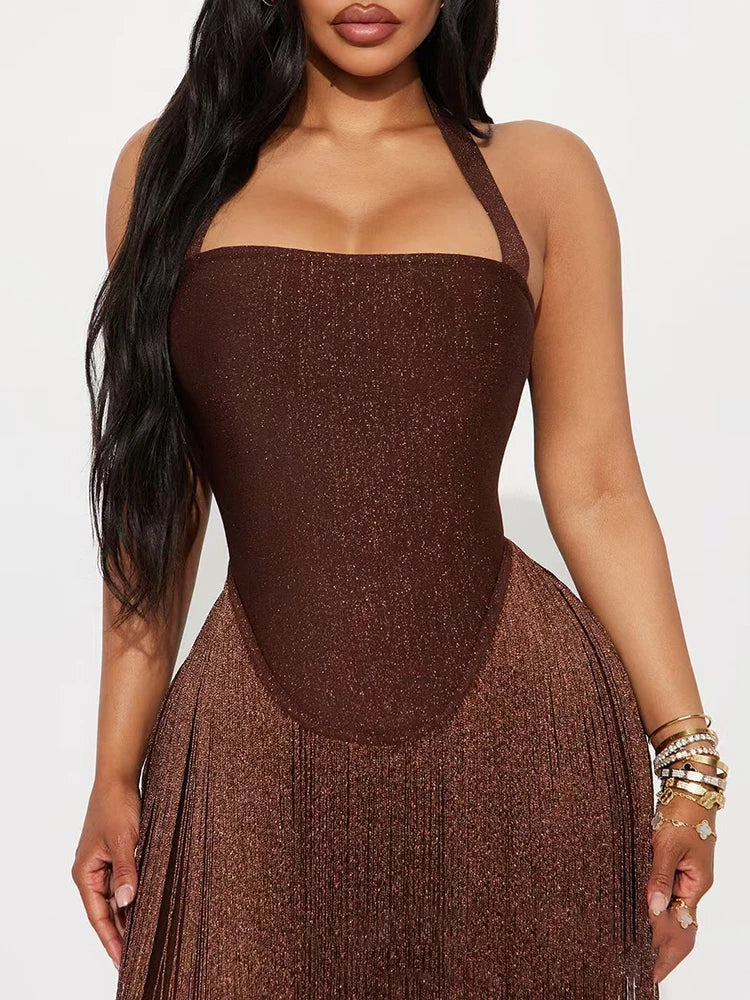 Vintage Sleeveless Halter Tassel Hem Dress Hot Girl Sleeveless Hollow Out Swing Dress Sexy Cocktail Party Backless Women's Dress