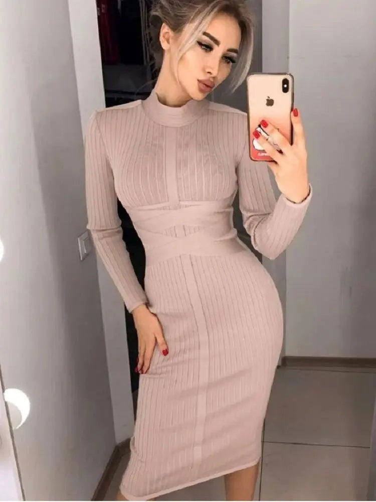 BEAUKEY Vintage Strips High Neck Long Sleeves Bandage Dress Women Party XL Khaki Cross Tight Dress Bodycon Office Lady Vestidos