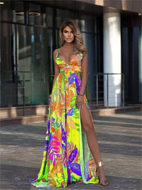 Printed Beach Cover Up Dress 2023 Women Deep V Neck Cover-ups Summer Beach Wear Sexy Elegant Female Summer Long Dress