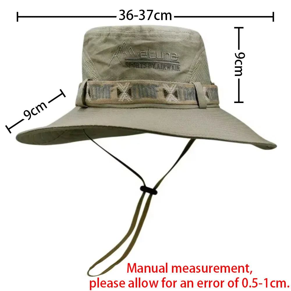 Men Bucket Hat Outdoor UV Protection Wide Brim Panama Safari Hunting Hiking Hat Mesh Fisherman Hat Beach Sunscreen Cap