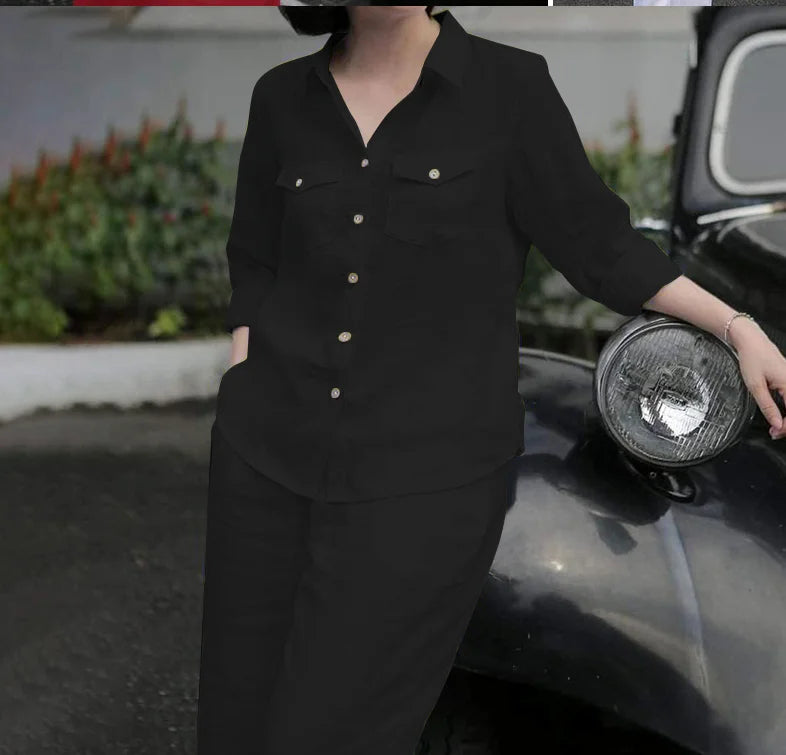 Women Elegant Lapel Neck Long Sleeve Shirt Pants Sets 2PCS Fashion Autumn Outifits Solid Work Trousers Suits Tracksuit