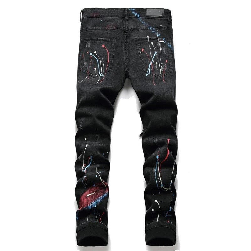 Fashion Brand Men Crystal Stretch Denim Jeans Streetwear Painted Holes Ripped Distressed Pants Patchwork Slim Tapered Trousers