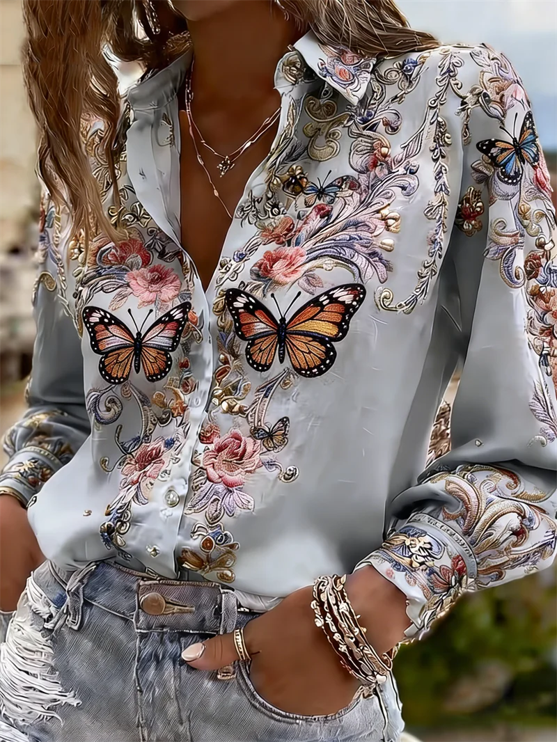 New 11 color men's long sleeved shirt with 3D flower print and tree branch pattern on the lapel, comfortable men's top