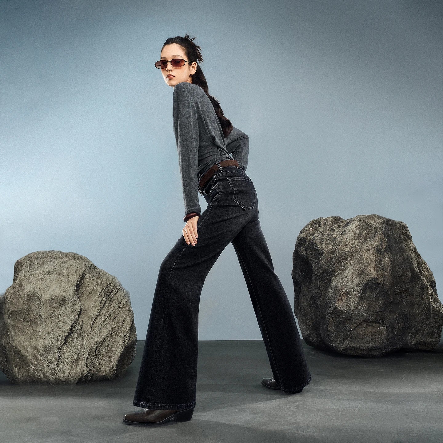 TOYOUTH Women Denim Jeans 2025 Autumn New Retro Lycra Micro Flare Pant