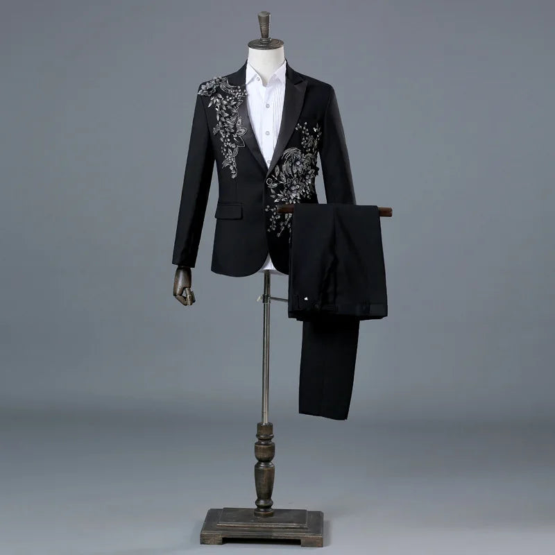 Temperament Gentleman Men's Suit Set Fashion Three Dimensional Marquetry Diamante Evening Dress Gorgeous Slim Groomsman Suits