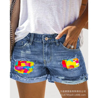 Wepbel Y2K Rainbow Printing Short Jeans Women Summer Straight Patchwork Ripped Denim Shorts Washed Ripped Hole Short Jeans