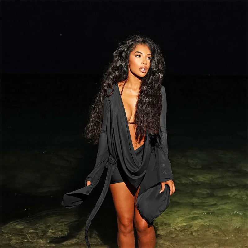Sexy Mesh See Through Birthday Dress Women Night Club Party Flare Sleeve Ruched Deep V-neck Backless Bodycon Mini Dress Vestidos