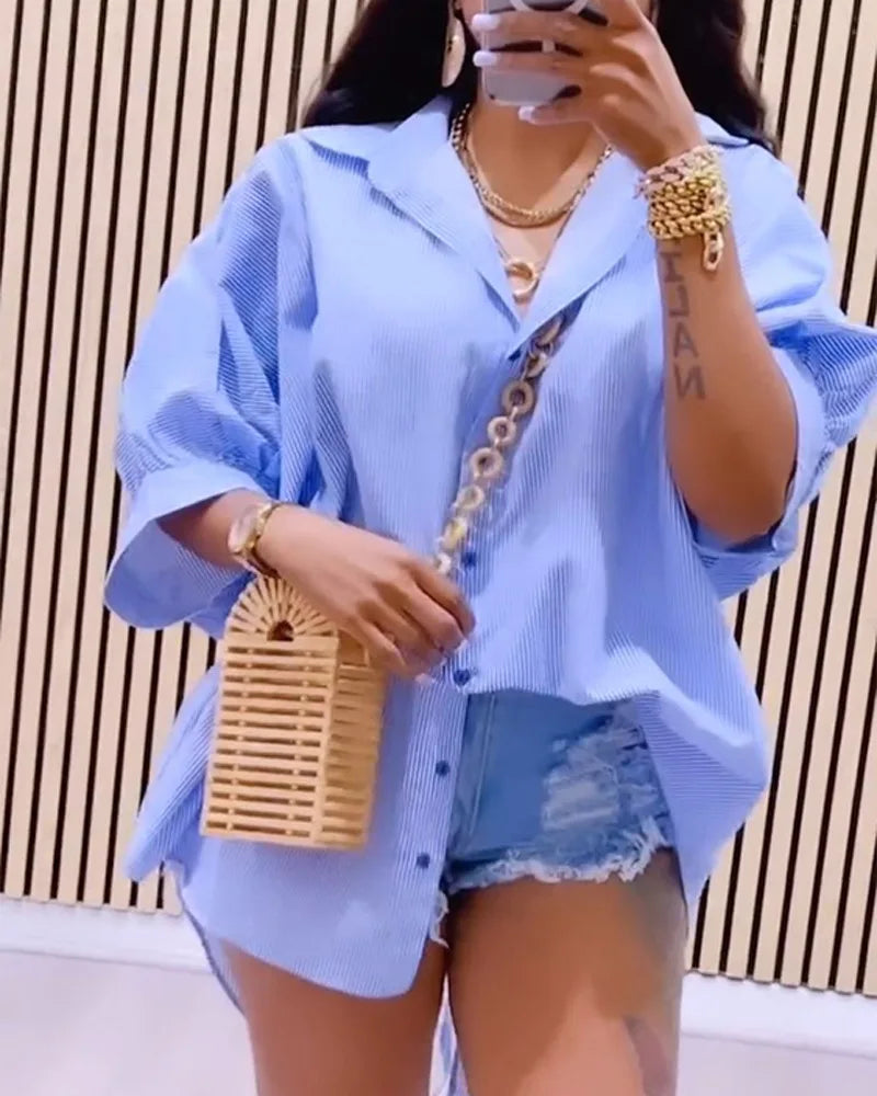 2024 Spring Summer New Women's Striped Back Hollow-out Split Drawstring Strap Design Half Sleeves Loose Shirt Top