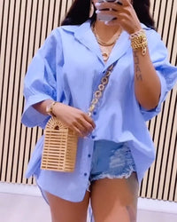 2024 Spring Summer New Women's Striped Back Hollow-out Split Drawstring Strap Design Half Sleeves Loose Shirt Top