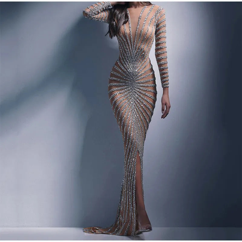 Women Sexy Mesh Sequins Split Fishtail Dresses Female V-Neck Long Sleeve Maxi Dress Summer Elegant Lady Party Evening Long Dress