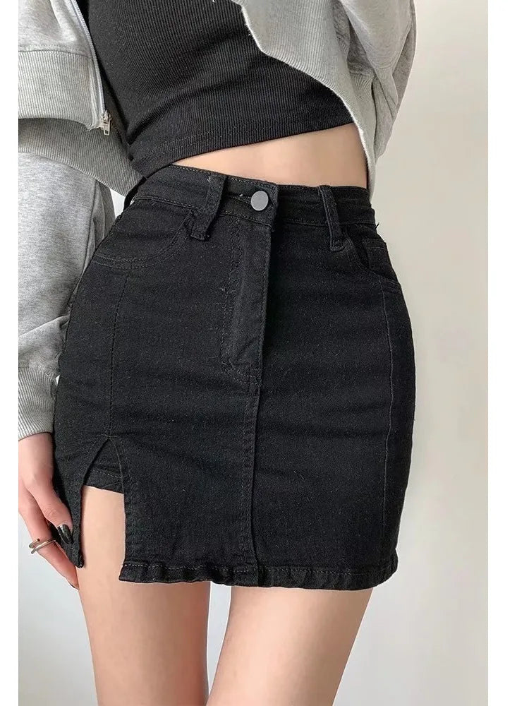 Feynzz Small Split Denim Skirt Women's Summer Elastic Slim Fit High Waist A-line Hot Girl Bag Hip Skirt