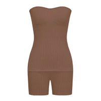 Sexy Solid Slim Suit For Women Fashion Strapless Side Split Top Elastic Waist Package Hip Shorts Two Piece Set 2026 Summer New