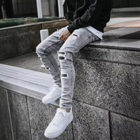 2025 New Men Light Blue Distressed Ripped Stretch Skinny Jeans Slim Fit Trendy Casual Long Pants Multi Color Options