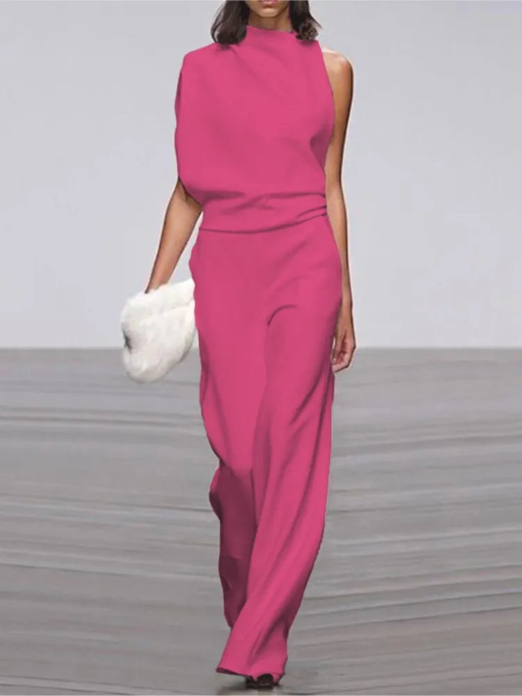 Spring And Summer Simple Solid Color Fashion One-shoulder Pile Collar Jumpsuit British Style Mid-waist Pleated Hollow Jumpsuit
