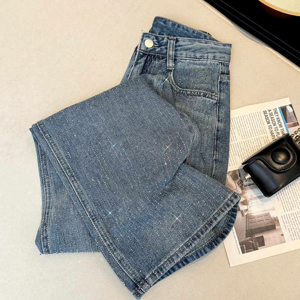 Women's Jeans Spring Retro Washed Diamond-encrusted Design Sense High-waisted Straight-leg Pants Loose Wide-leg Mopping Pants