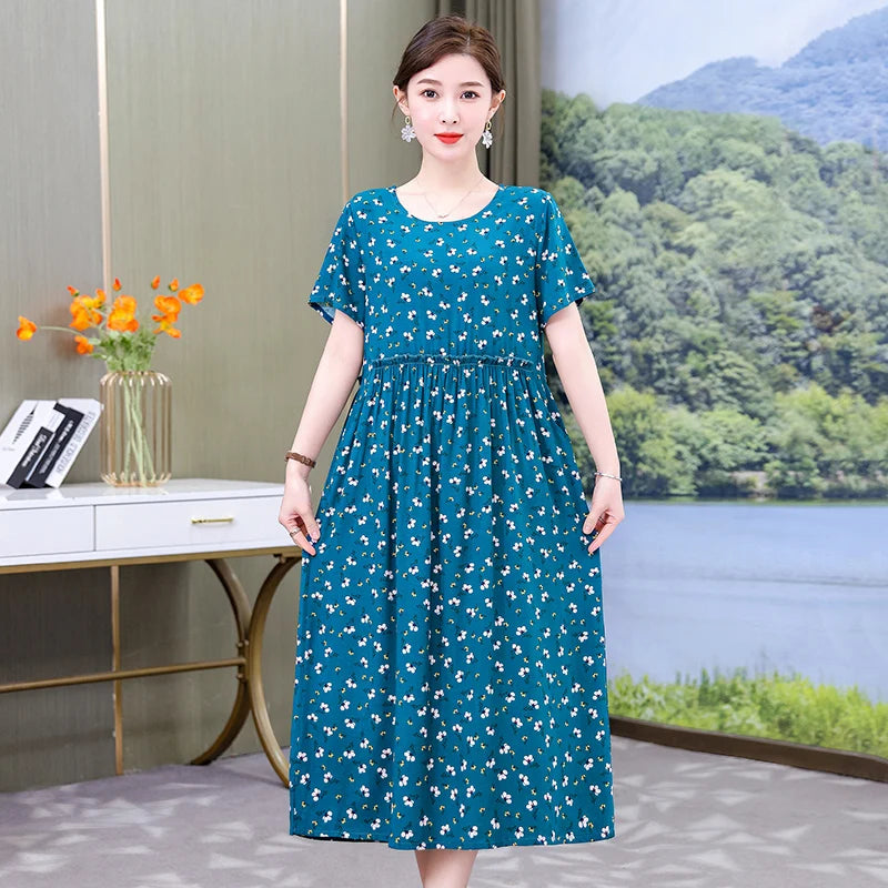 New 2023 Women Summer Dresses Vintage Plus Size Causal O-neck Short Sleeve Floral Vestido Elegant Print Dress