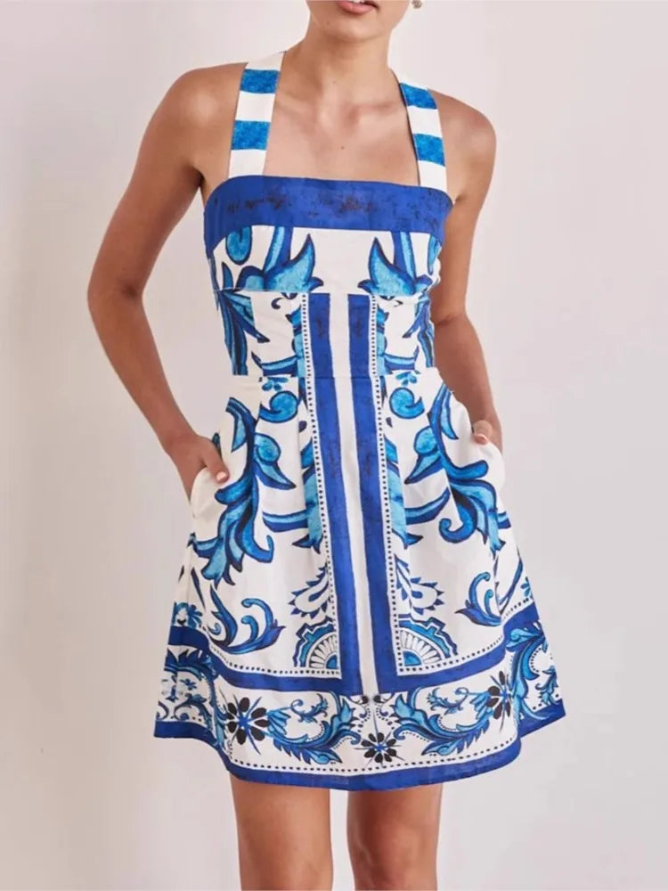 Women Summer Sexy Printed A-line Mini Dress Fashion Casual Blackless Sleeveless High Waist Off Shoulder Vestidos Party Dresses