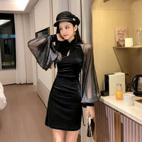 Chiffon Velvet Lantern Sleeves Cheongsam New Sexy High Waist Jumpsuit Short Women Vestidos Vintage Dresses Loose Dress