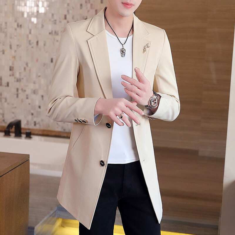 New Men's Business Casual Fashion Urban Korean Trend Slim Solid Color Small Suit Jacket Spring blazers long dress coat