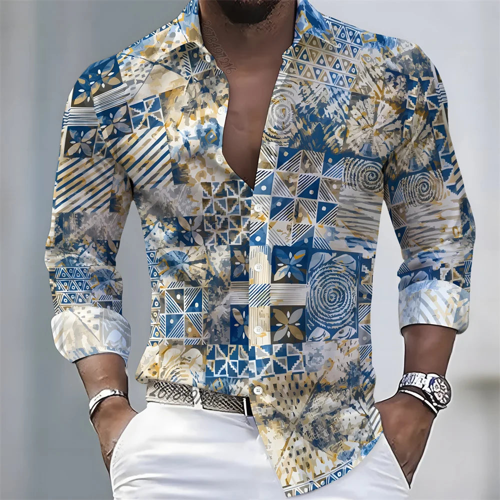 Men's Retro Color-Blocked Floral Print Long-Sleeve Shirt with Paisley Pattern Design, Casual Top for Spring and Autumn