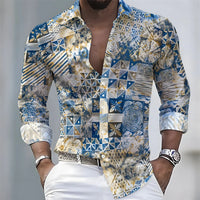 Men's Retro Color-Blocked Floral Print Long-Sleeve Shirt with Paisley Pattern Design, Casual Top for Spring and Autumn