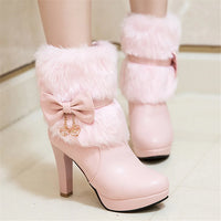 2025 Winter Womens Fashion High Heel Boots Pink White Black Fur Tassel Bowtie Lovely Lolita Ladies Party Wedding Shoes size32-43