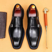 High-end Cowhide Leather Shoes For Men Square Toe Double Monk Strap Shoes Mens Dress Shoes Slip On Business Formal Shoes