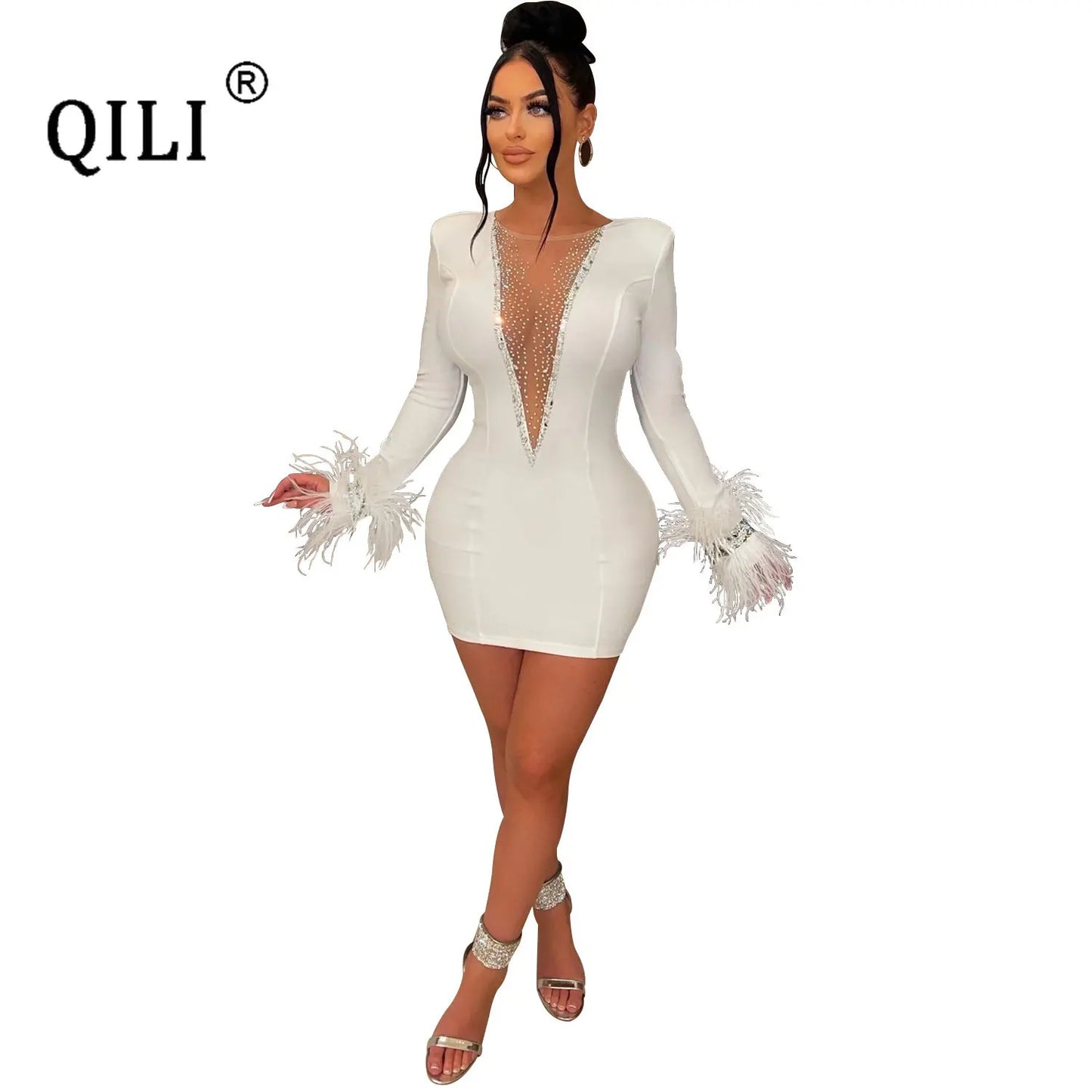 Sexy Mini Full Sleeve Dress V Design Diamonds and Feathers See Through Back Dresses Womens Pary Club Dress Sheath