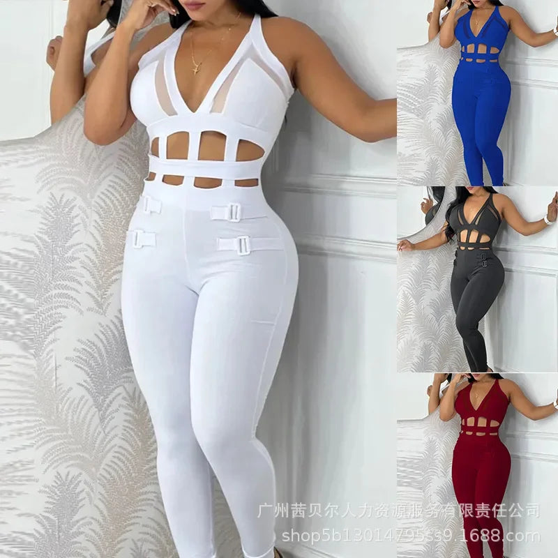 Women Sleeveless Hollow Out Overall Pants Jumpsuit High Waist Solid Color Sexy Slim Fashion Pants Slim