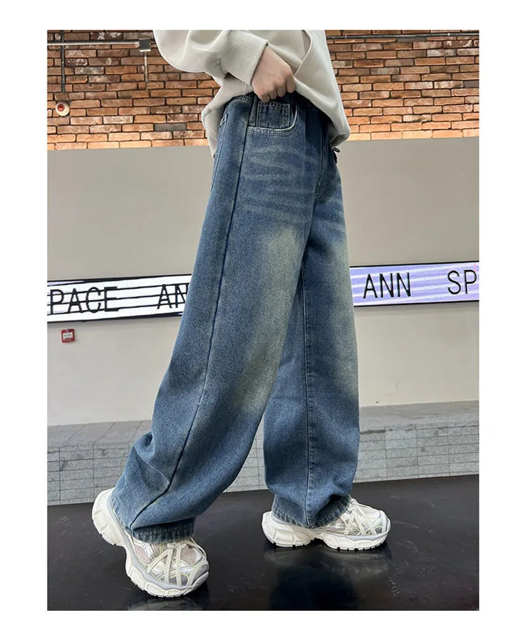 Boys Jeans 2024 Autumn&winter New Teenage Children Plus Fleece Warm Pants Boys Fried Street Handsome Pants Kids Denim Trousers