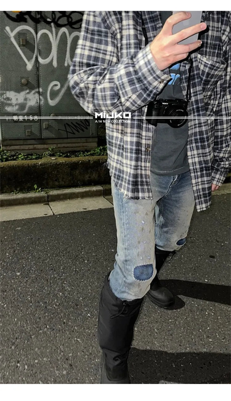 MIJKO Washed Frayed Vintage Jeans Pants Mens Straight Retro Casual Denim Trousers Cargos FJ069