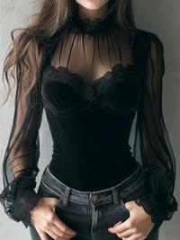 French Style Black Shirts Elegant Lace Patchwork Velvet Women Blouses Early Spring New Slimming Long Sleeve Top
