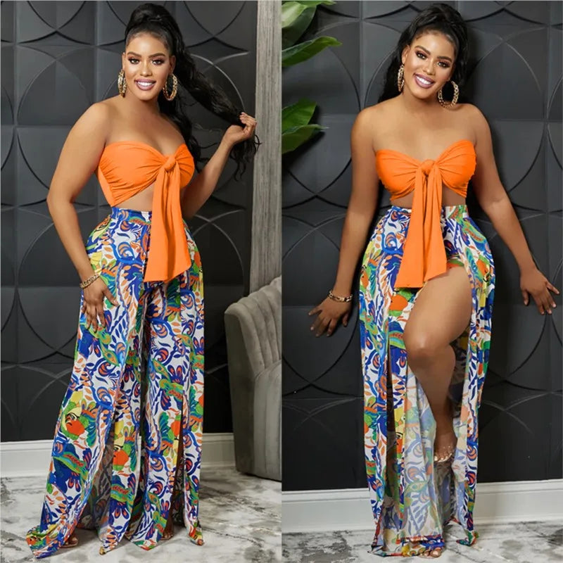 Beach Cover Up For Women Luxury Suit Dress New Strapless Backless Print With Split Pants Two Piece Spandex Swimsuit Whole Bath