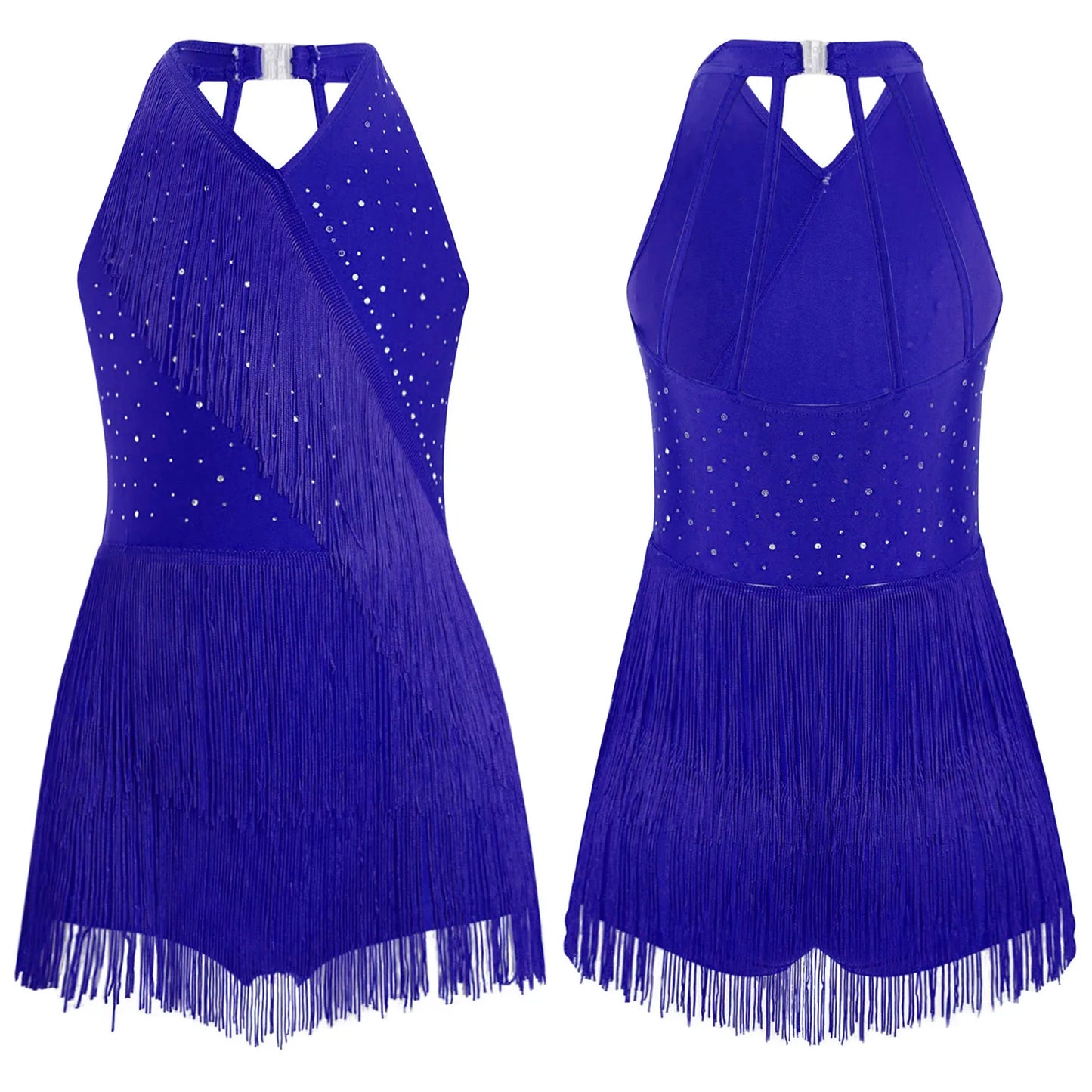 Kids Girls Latin Dance Cha-cha Samba Salsa Costume Rhinestones Fringe Leotard Dress Sleeveless Strappy Back Tassel Jumpsuit