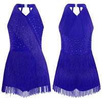 Kids Girls Latin Dance Cha-cha Samba Salsa Costume Rhinestones Fringe Leotard Dress Sleeveless Strappy Back Tassel Jumpsuit