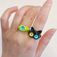 2023 New Cute Green Monster Rings Women Fashion Sweet Two Color Cat Eyes Open Couple Ring