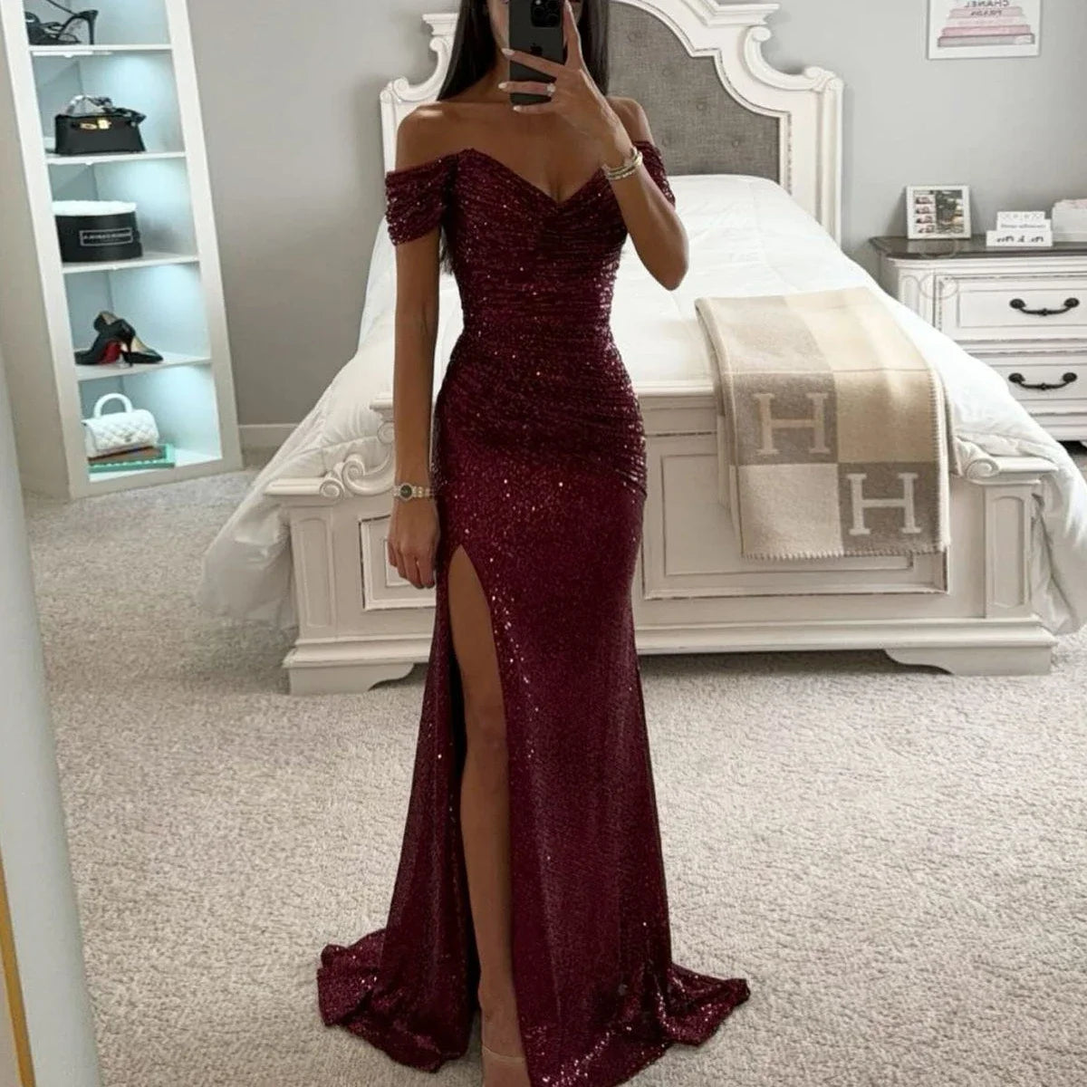 New Women Vintage Sequined V Neck Off Shoulder Slim Sexy Split Long Dress Evening Party Maxi Dresses Party Sequin Dress