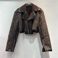 Winter Women Leopard Printed Lamb Wool Velvet Bomber Jacket Turn Down Collar Short Flocking Coat Spliced Parkas Cardigan Tops