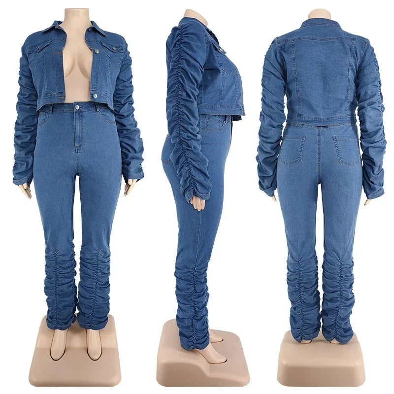 Denim Plus Size Sets Women 2 Piece Set Puff Long Sleeve Jacket Stretch Stacked Jeans Fall Winter Clothes Wholesale Dropshipping