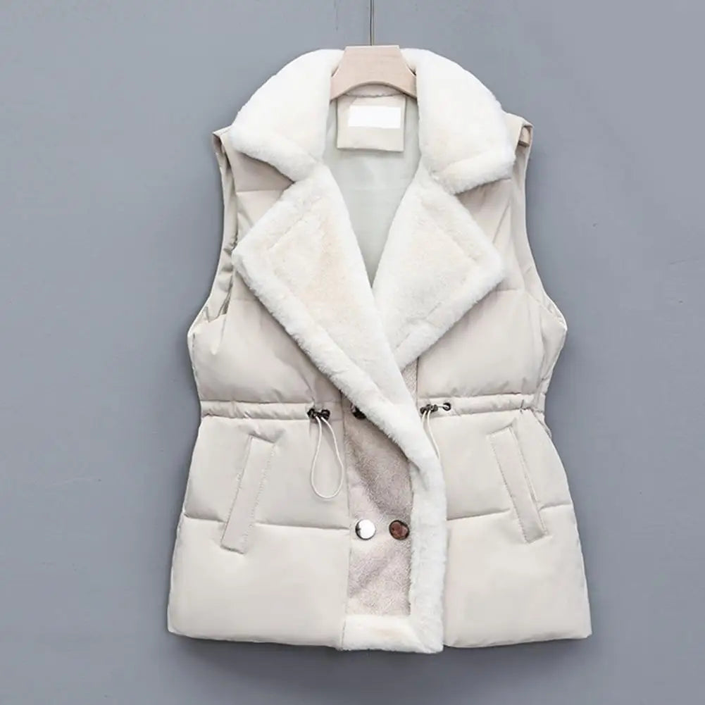 Winter Cotton Fur Integrated Down Vest Womens Puffer Vest Stand Collar Button Down Padded Jacket with Drawstring Waistcoat
