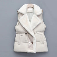 Winter Cotton Fur Integrated Down Vest Womens Puffer Vest Stand Collar Button Down Padded Jacket with Drawstring Waistcoat