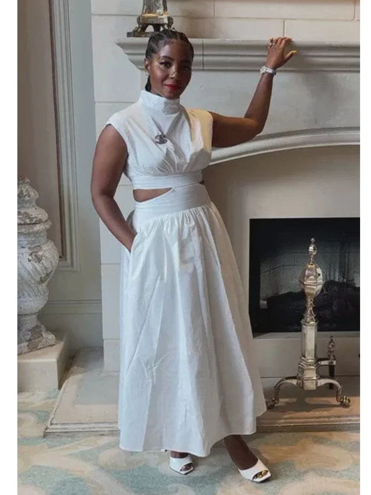 Summer Dresses 2025 Mock Neck Sleeveless Cutout White Maxi Dresses A-Line Elegant Pockets Casual Party Hollow Out Long Dress
